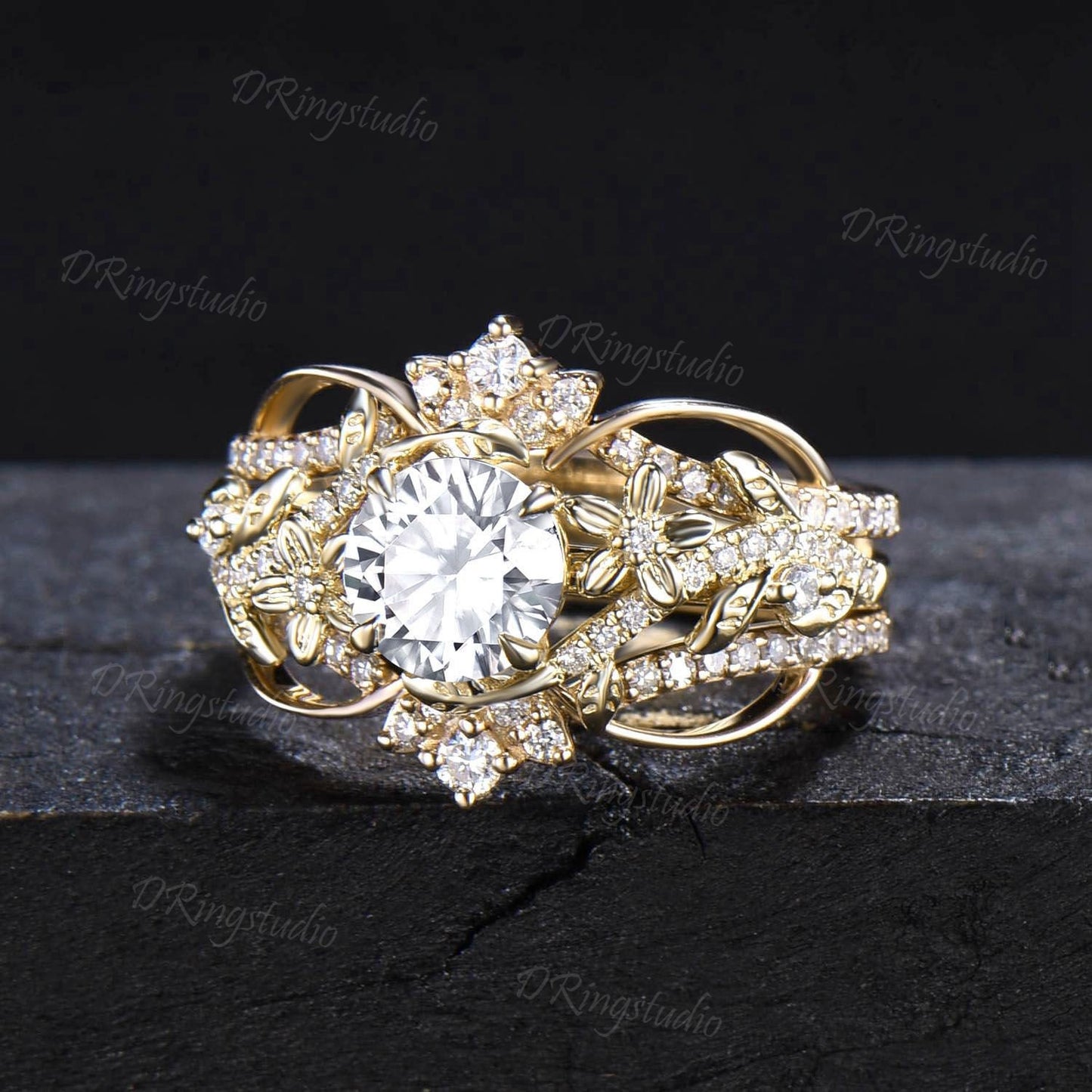 1CT Round Moissanite Engagement Ring 10k Gold Twig Leaf Vine Moissanite Ring Cluster Diamond Wedding Ring Enhancer Twisted Bridal Ring Set