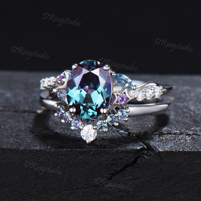 Celestial Alexandrite Engagement Ring Sterling Silver Oval Cut Color-Change Alexandrite Bridal Set Moon Star Design Wedding Ring Women Gift