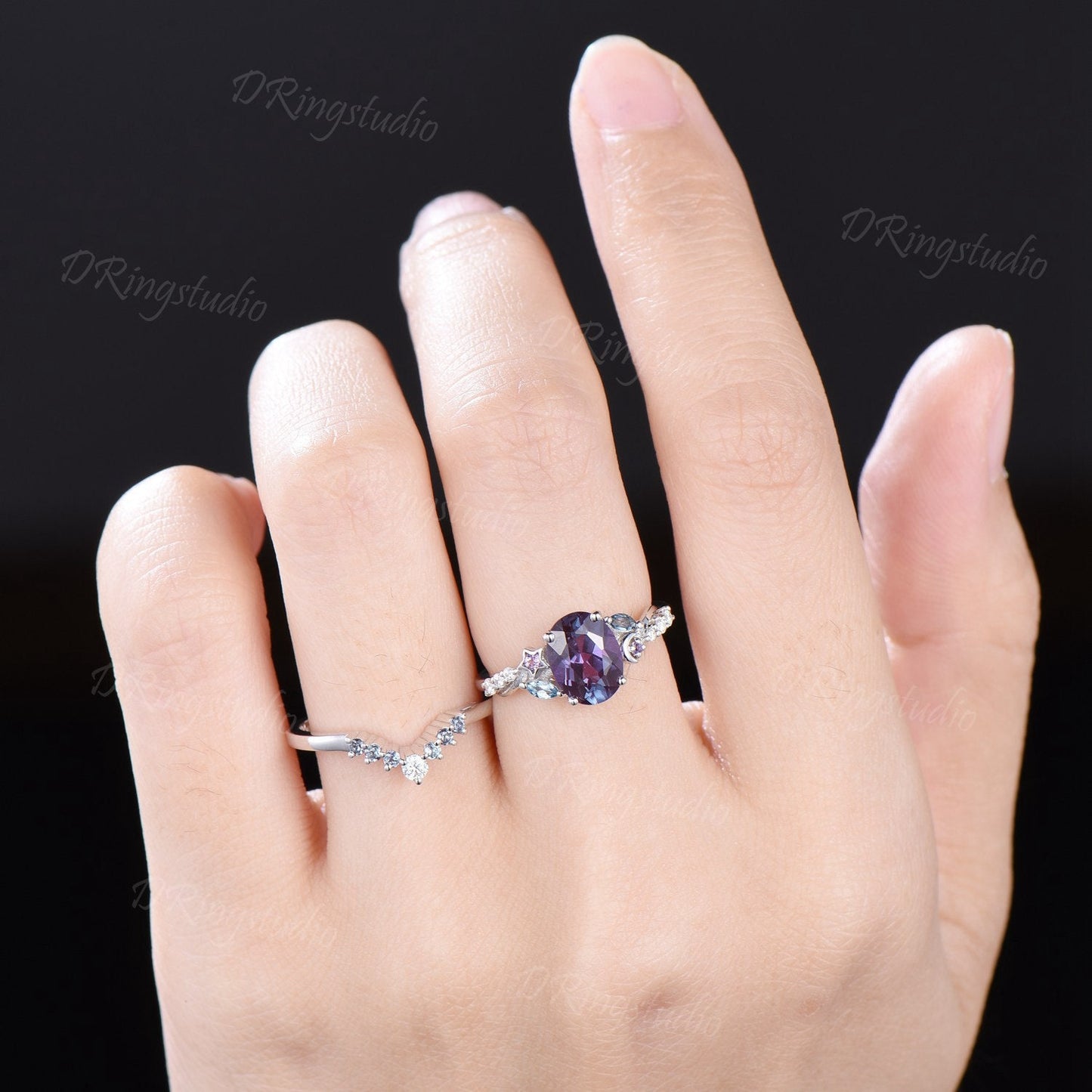 Celestial Alexandrite Engagement Ring Sterling Silver Oval Cut Color-Change Alexandrite Bridal Set Moon Star Design Wedding Ring Women Gift