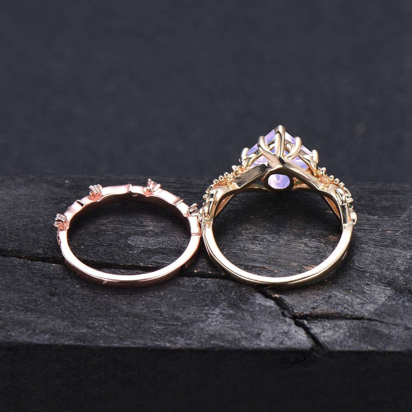 Princess Cut Natural Lavender Amethyst Engagement Ring Set 10k/14k Gold Butterfly Wedding Ring Branch Leaf Amethyst Bridal Set Proposal Gift