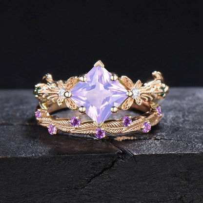 Princess Cut Natural Lavender Amethyst Engagement Ring Set 10k/14k Gold Butterfly Wedding Ring Branch Leaf Amethyst Bridal Set Proposal Gift