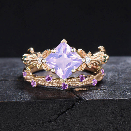 Princess Cut Natural Lavender Amethyst Engagement Ring Set 10k/14k Gold Butterfly Wedding Ring Branch Leaf Amethyst Bridal Set Proposal Gift