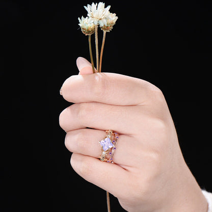 Princess Cut Natural Lavender Amethyst Engagement Ring Set 10k/14k Gold Butterfly Wedding Ring Branch Leaf Amethyst Bridal Set Proposal Gift