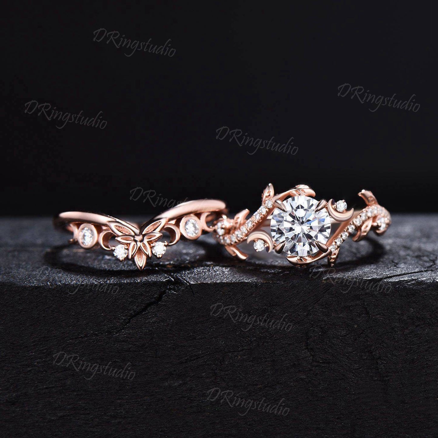 Art Deco Moon Leaf Branch Engagement Ring Set Rose Gold Round Moissanite Promise Bridal Ring Celestial Moon Diamond Wedding Ring Twist Ring