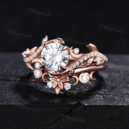 Art Deco Moon Leaf Branch Engagement Ring Set Rose Gold Round Moissanite Promise Bridal Ring Celestial Moon Diamond Wedding Ring Twist Ring