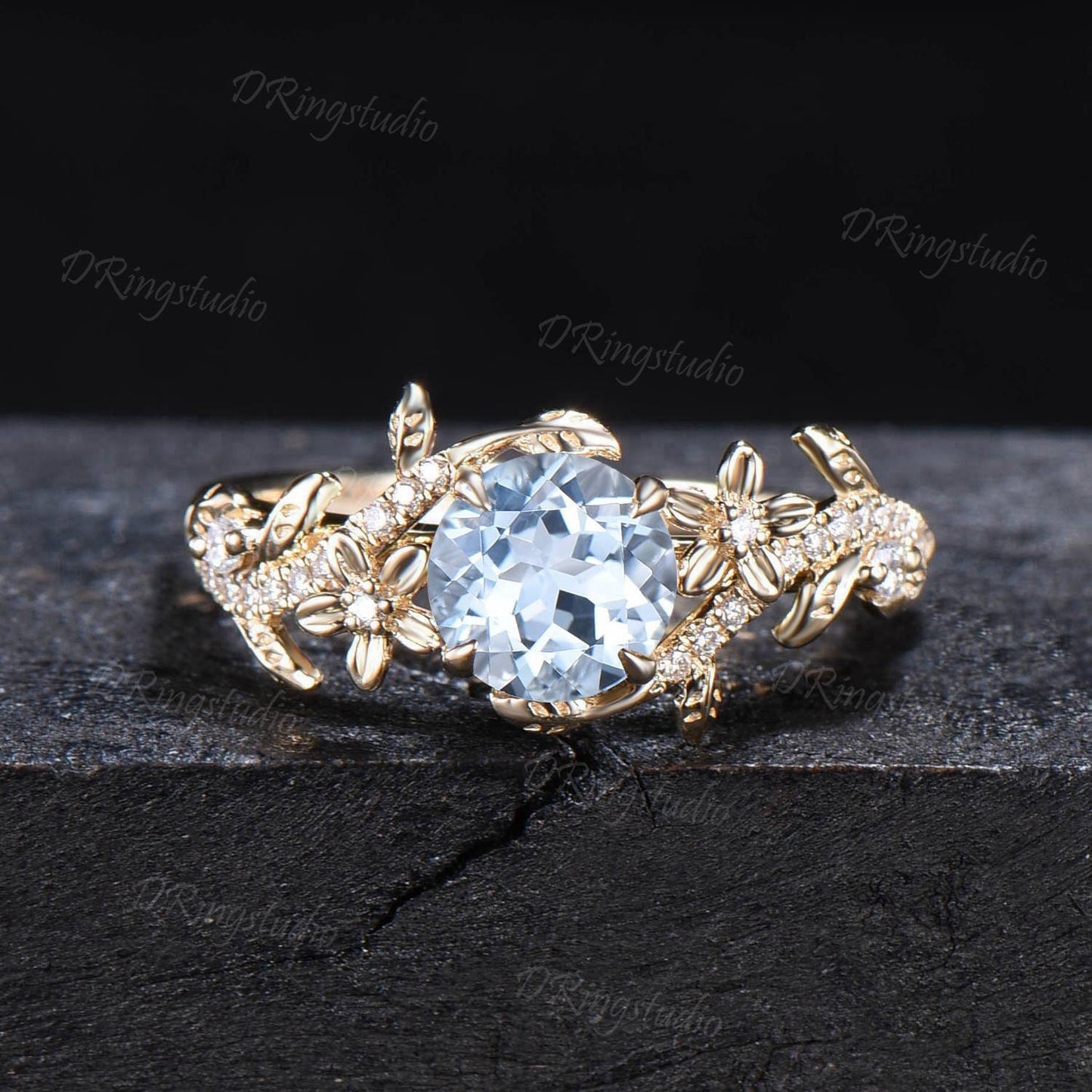 Unique Enhancer Guard Ring Set 1ct Natural Aquamarine Engagement Ring 14k Solid Gold Double Curved Diamond Matching Band Floral Wedding Ring