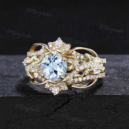 Unique Enhancer Guard Ring Set 1ct Natural Aquamarine Engagement Ring 14k Solid Gold Double Curved Diamond Matching Band Floral Wedding Ring