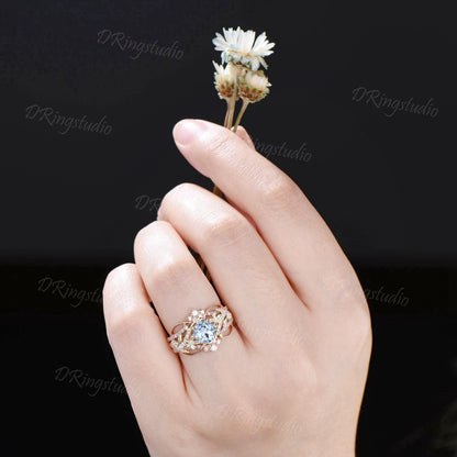 Unique Enhancer Guard Ring Set 1ct Natural Aquamarine Engagement Ring 14k Solid Gold Double Curved Diamond Matching Band Floral Wedding Ring