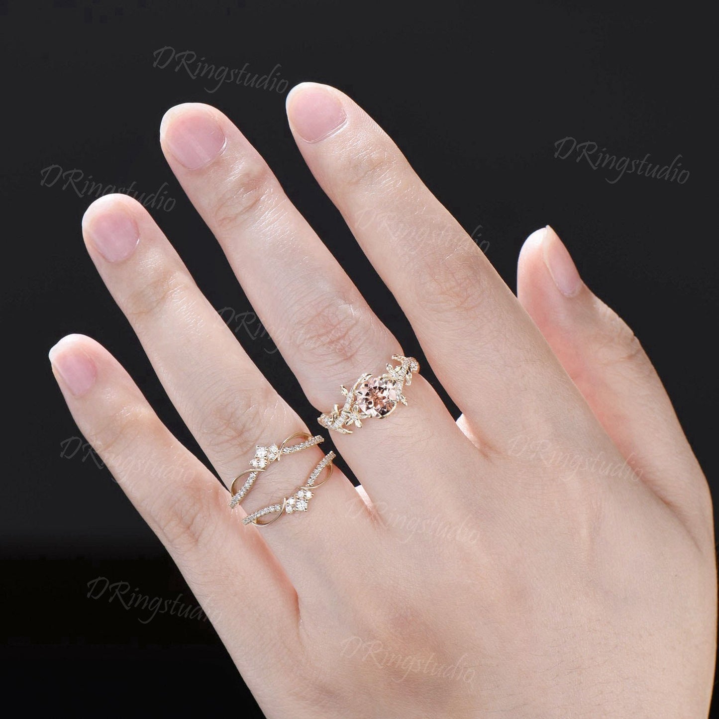 14k Gold 1CT Round Morganite Engagement Ring Double Curved Stacking Matching Ring Enhancer Guard Diamond Ring Twisted Bridal Ring For Women