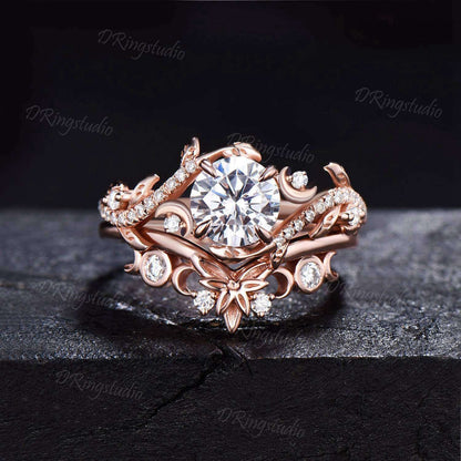 Art Deco Moon Leaf Branch Engagement Ring Set Rose Gold Round Moissanite Promise Bridal Ring Celestial Moon Diamond Wedding Ring Twist Ring