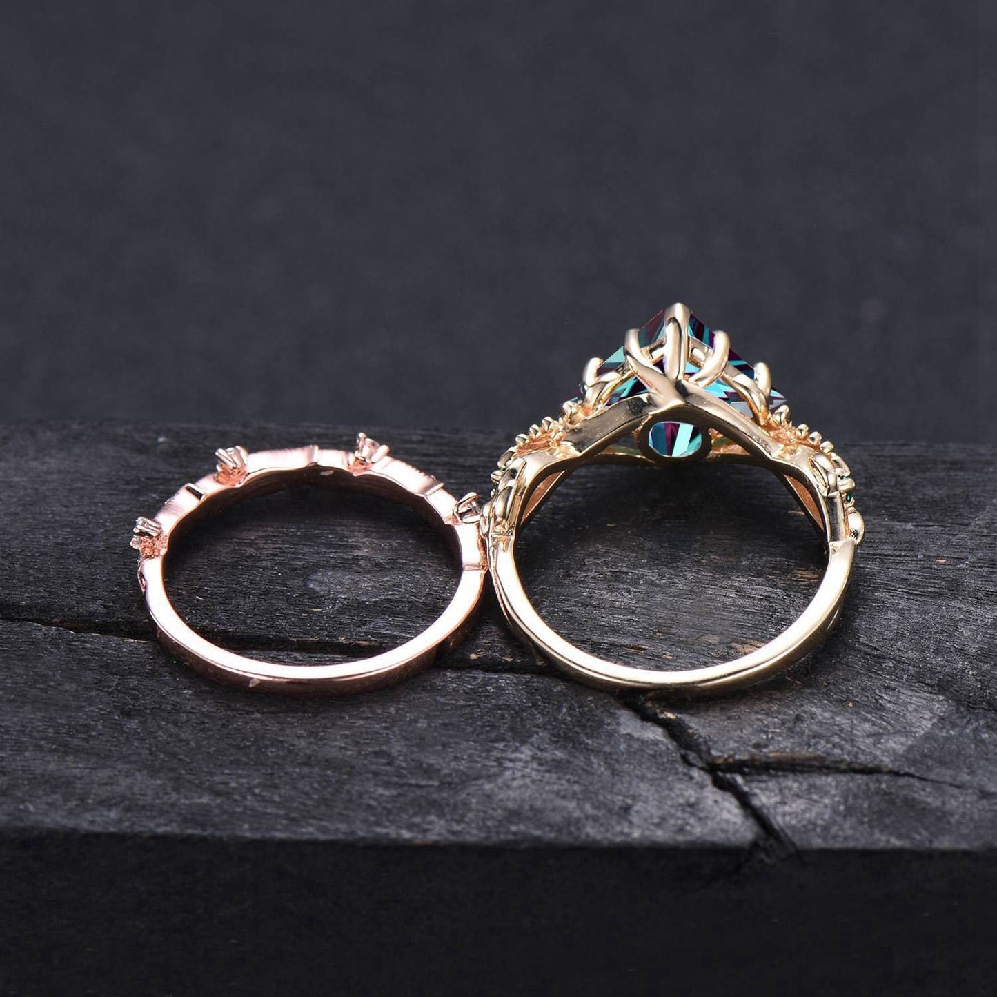 14k Gold Butterfly Engagement Ring Set Vintage 2CT Princess Cut Alexandrite Wedding Ring Leaf Branch June Birthstone Bridal Set Promise Gift