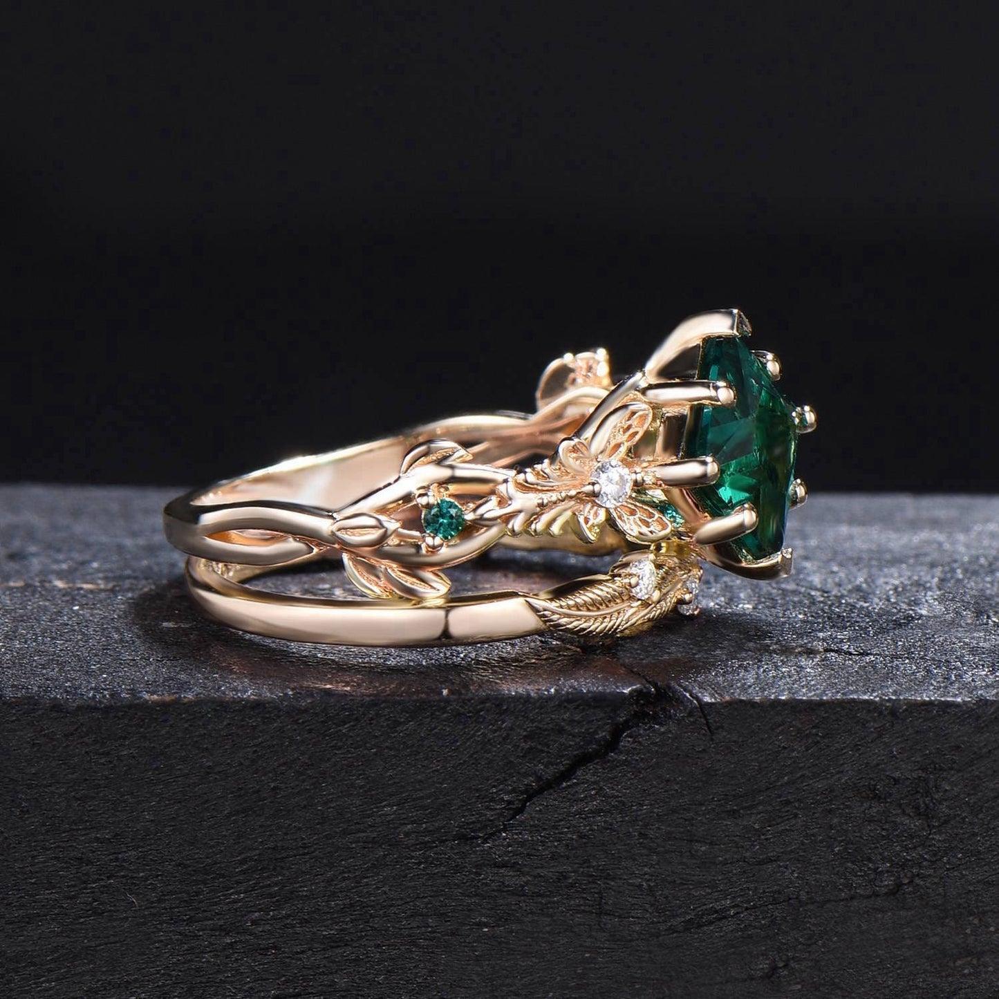 14k Gold Butterfly Engagement Ring Set Vintage 2CT Princess Cut Alexandrite Wedding Ring Leaf Branch June Birthstone Bridal Set Promise Gift