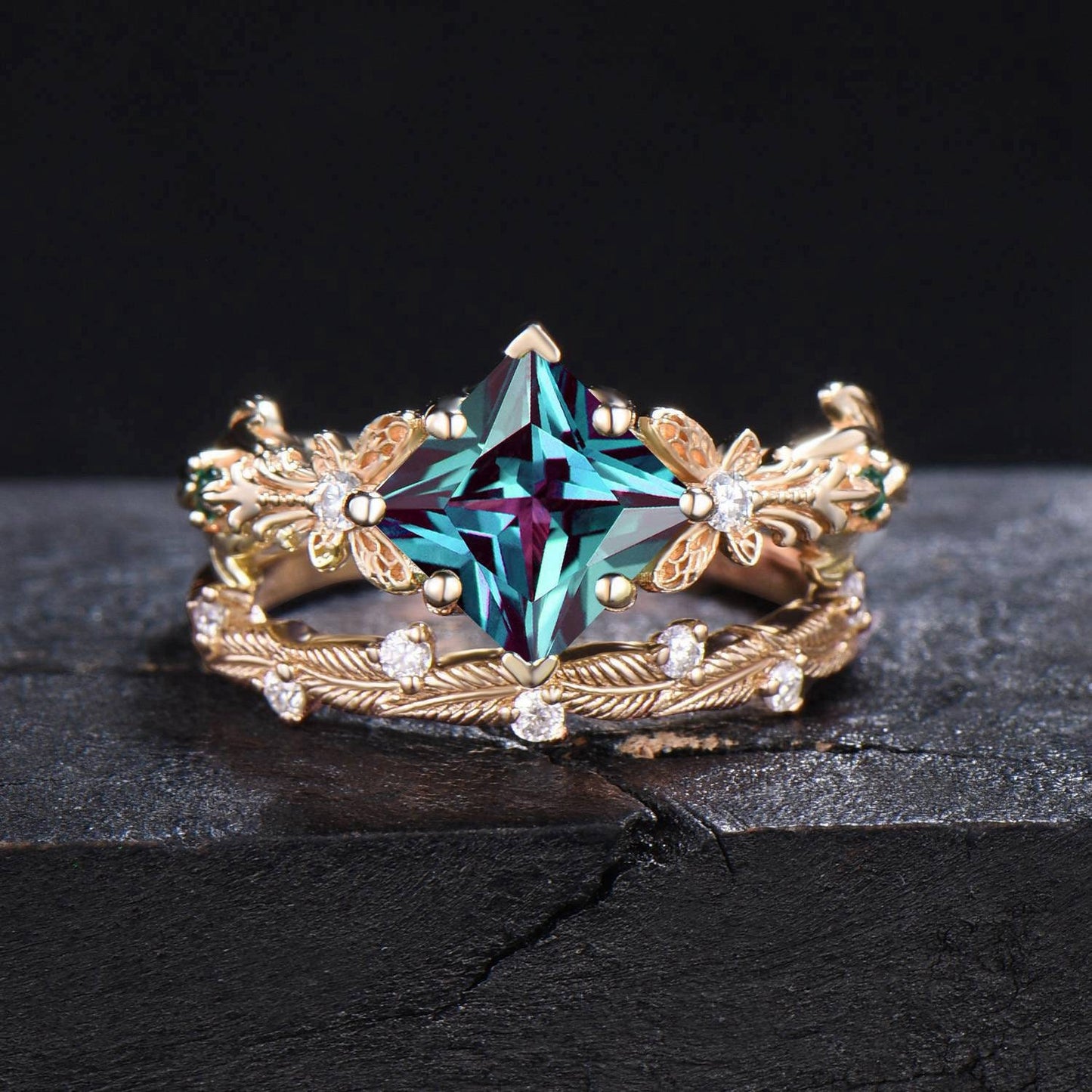 14k Gold Butterfly Engagement Ring Set Vintage 2CT Princess Cut Alexandrite Wedding Ring Leaf Branch June Birthstone Bridal Set Promise Gift