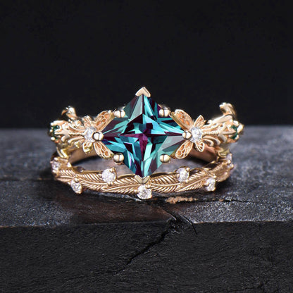14k Gold Butterfly Engagement Ring Set Vintage 2CT Princess Cut Alexandrite Wedding Ring Leaf Branch June Birthstone Bridal Set Promise Gift