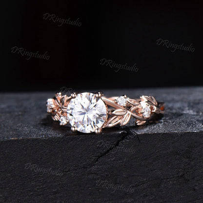 Branch Leaf Moissanite Engagement Ring 1CT Round Lab Grown Diamond Ring Rose Gold Vine Ring IGI Certified Diamond Wedding Ring Proposal Gift