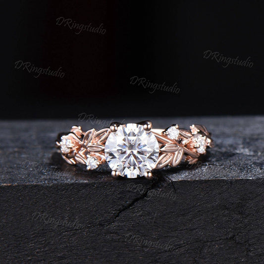 Branch Leaf Moissanite Engagement Ring 1CT Round Lab Grown Diamond Ring Rose Gold Vine Ring IGI Certified Diamond Wedding Ring Proposal Gift