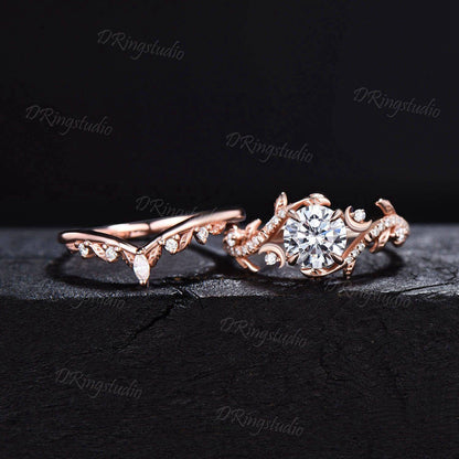 Leaf Diamond Ring 1 Carat Round Cut Lab Created Diamond Engagement Ring Celestial Moon Leaf Wedding Ring Set Rose Gold IGI Certificate Ring