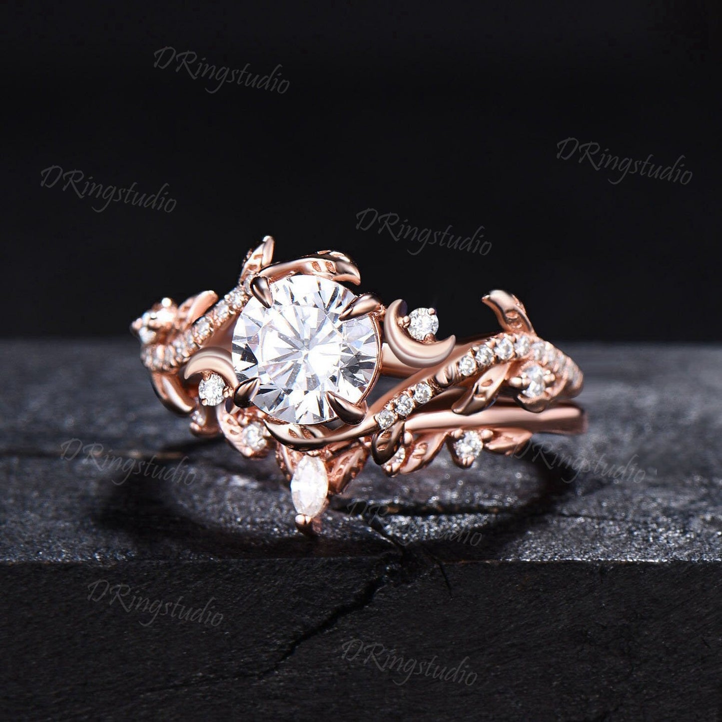 Leaf Diamond Ring 1 Carat Round Cut Lab Created Diamond Engagement Ring Celestial Moon Leaf Wedding Ring Set Rose Gold IGI Certificate Ring