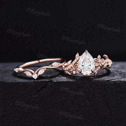 Nature Inspired Pear Shaped Moissanite Engagement Ring Leaf Flower Promise Bridal Ring Set Rose Gold Floral Wedding Ring Proposal Women Gift