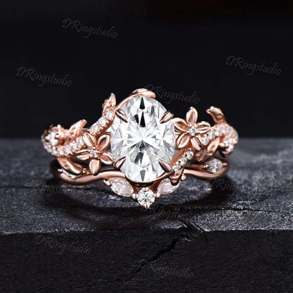 Nature Inspired Pear Shaped Moissanite Engagement Ring Leaf Flower Promise Bridal Ring Set Rose Gold Floral Wedding Ring Proposal Women Gift