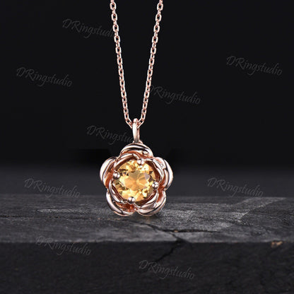 14k Rose Gold Round Citrine Pendant Solitaire Citrine Wedding Necklace Unique Flower Pendant November Birthstone Necklace Bridesmaid Jewelry