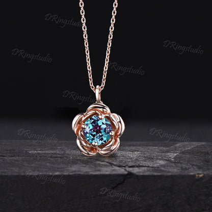 Rose Flower Alexandrite Necklace Color-Change Round Alexandrite Solitaire Bridal Necklace 14k/18k Gold Floral Pendant Proposal Gift for Her