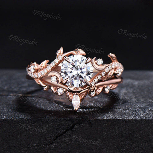 Leaf Diamond Ring 1 Carat Round Cut Lab Created Diamond Engagement Ring Celestial Moon Leaf Wedding Ring Set Rose Gold IGI Certificate Ring