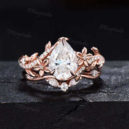 Nature Inspired Pear Shaped Moissanite Engagement Ring Leaf Flower Promise Bridal Ring Set Rose Gold Floral Wedding Ring Proposal Women Gift