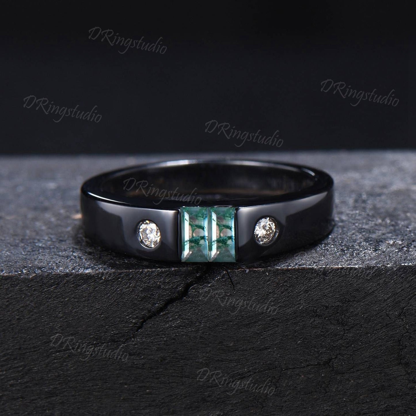 Black Gold Mens Engagement Band Vintage Baguette Cut Moss Agate Wedding Band Flush Diamond Ring 4mm Mens Promise Band Anniversary Men Gift