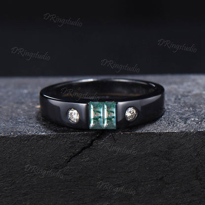 Black Gold Mens Engagement Band Vintage Baguette Cut Moss Agate Wedding Band Flush Diamond Ring 4mm Mens Promise Band Anniversary Men Gift