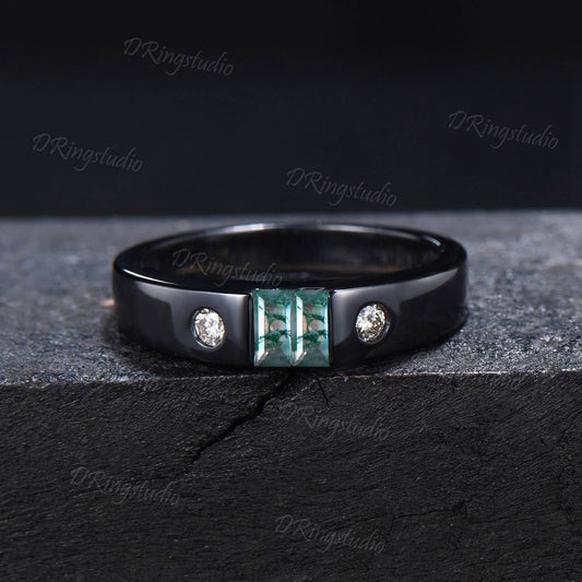 Black Gold Mens Engagement Band Vintage Baguette Cut Moss Agate Wedding Band Flush Diamond Ring 4mm Mens Promise Band Anniversary Men Gift