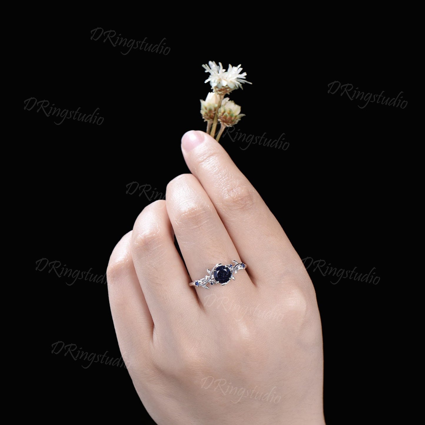 Black Gold Starry Sky Blue Sandstone Ring Branch Leaf Round Blue Goldstone Engagement Ring Moon Star Sapphire Ring Black Promise Ring Gifts