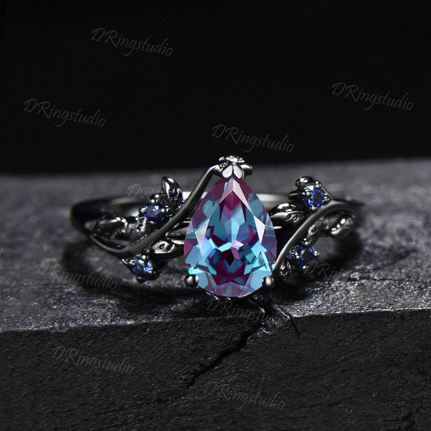 Black Gold Teardrop Alexandrite Engagement Ring Set Black Twig Leaf Wedding Ring Nature Inspired Blue Sapphire Bridal Set Gothic Ring Gift