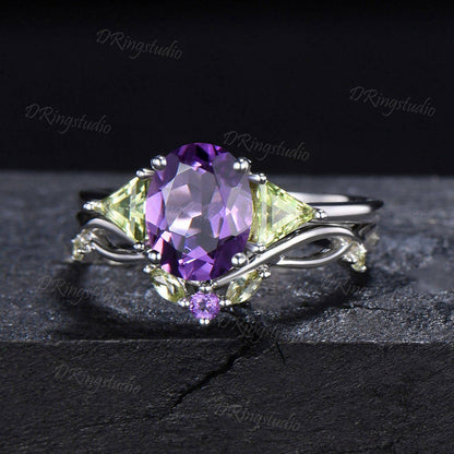 2ct Oval Cut Amethyst Engagement Ring Art Deco Trillion Peridot Wedding Ring Three Stone February Birthstone Ring Twisted Bridal Ring Set