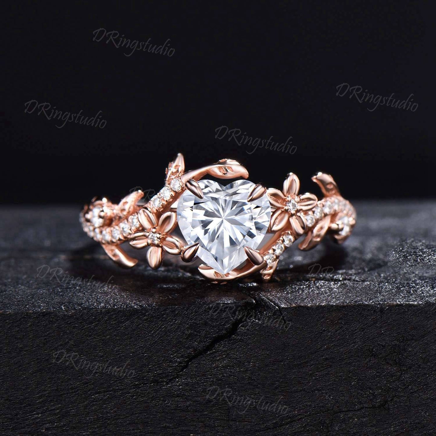 1.5 CT Heart Cut Moissanite Engagement Ring 14k Rose Gold Floral Wedding Ring Branch Leaf Vine Diamond Bridal Promise Ring Anniversary Gift