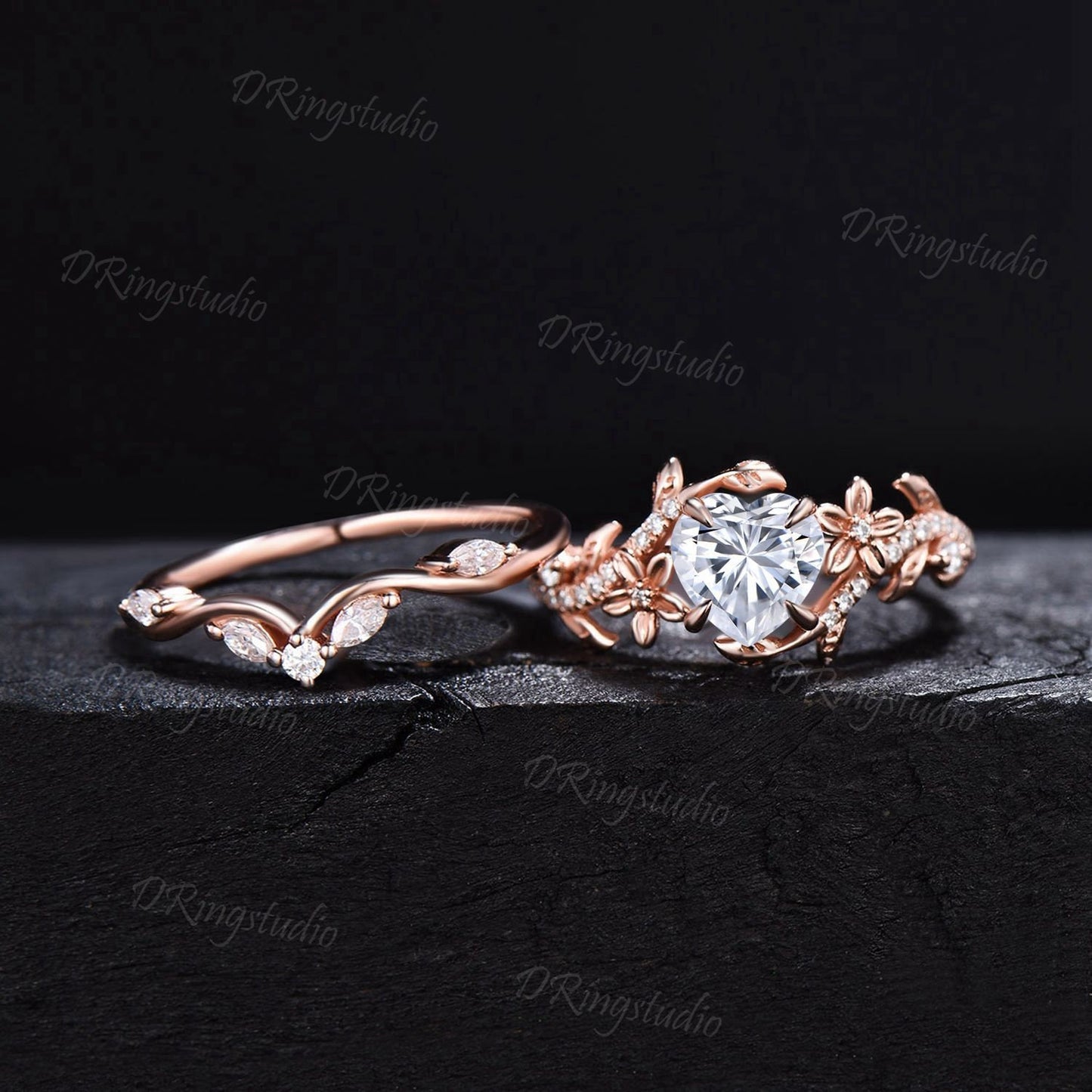 1.5 CT Heart Cut Moissanite Engagement Ring 14k Rose Gold Floral Wedding Ring Branch Leaf Vine Diamond Bridal Promise Ring Anniversary Gift