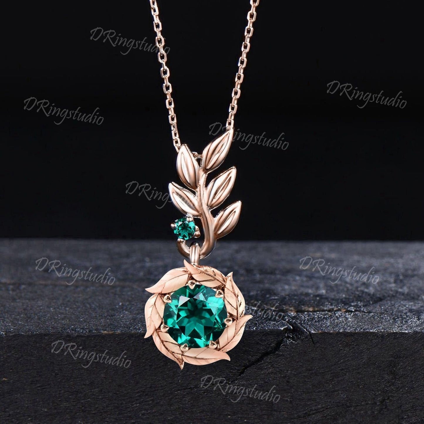 Rose Gold Leaf Necklace Nature Inspired Round Emerald Pendant Olive Leaf Branch Bridal Necklace May Birthstone Necklace Promise Gift for Her