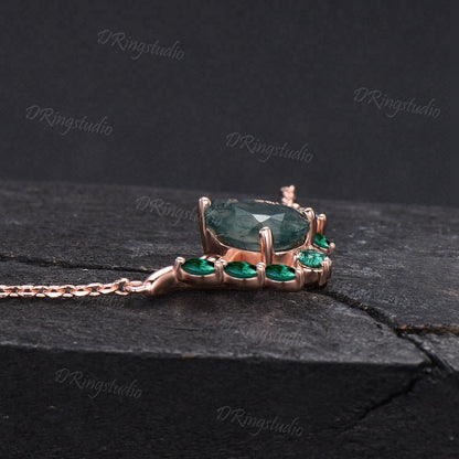 Pear Shaped Natural Moss Agate Necklace Unique Twig Leaf Vine Emerald Pendant Necklace Green Gemstone Wedding Necklace Boho Bridal Jewelry