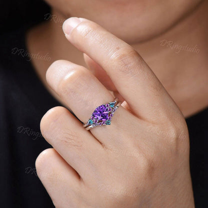 Vintage Hexagon Cut Amethyst Engagement Ring Cluster Amethyst Alexandrite Bridal Ring Set Trillion February Birthstone Ring Anniversary Ring