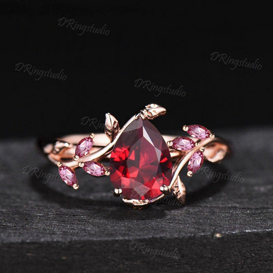 Teardrop Ruby Engagement Ring Nature Inspired Leaf Branch Promise Ring 14k Rose Gold Cluster Pink Tourmaline Wedding Ring Anniversary Gift