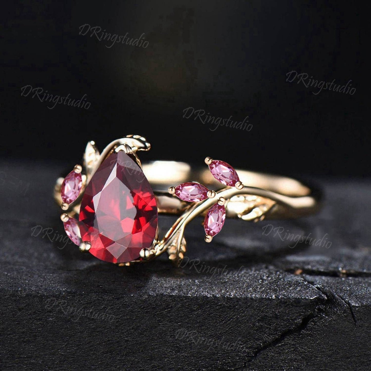 Teardrop Ruby Engagement Ring Nature Inspired Leaf Branch Promise Ring 14k Rose Gold Cluster Pink Tourmaline Wedding Ring Anniversary Gift