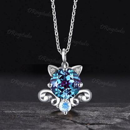 Round Alexandrite Necklace 14k White Gold Cat Necklace Unique Moonstone Pendant Kitten Wedding Necklace Cat Jewelry Silver Cat Lover Gift