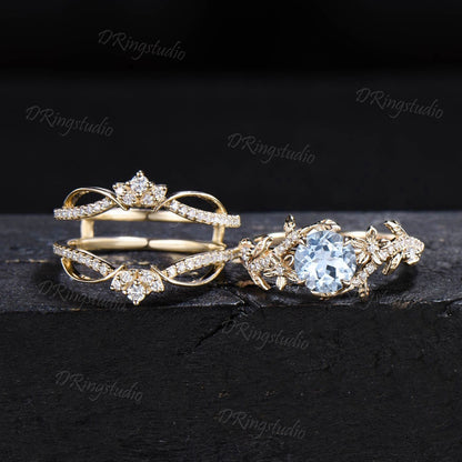 Unique Enhancer Guard Ring Set 1ct Natural Aquamarine Engagement Ring 14k Solid Gold Double Curved Diamond Matching Band Floral Wedding Ring