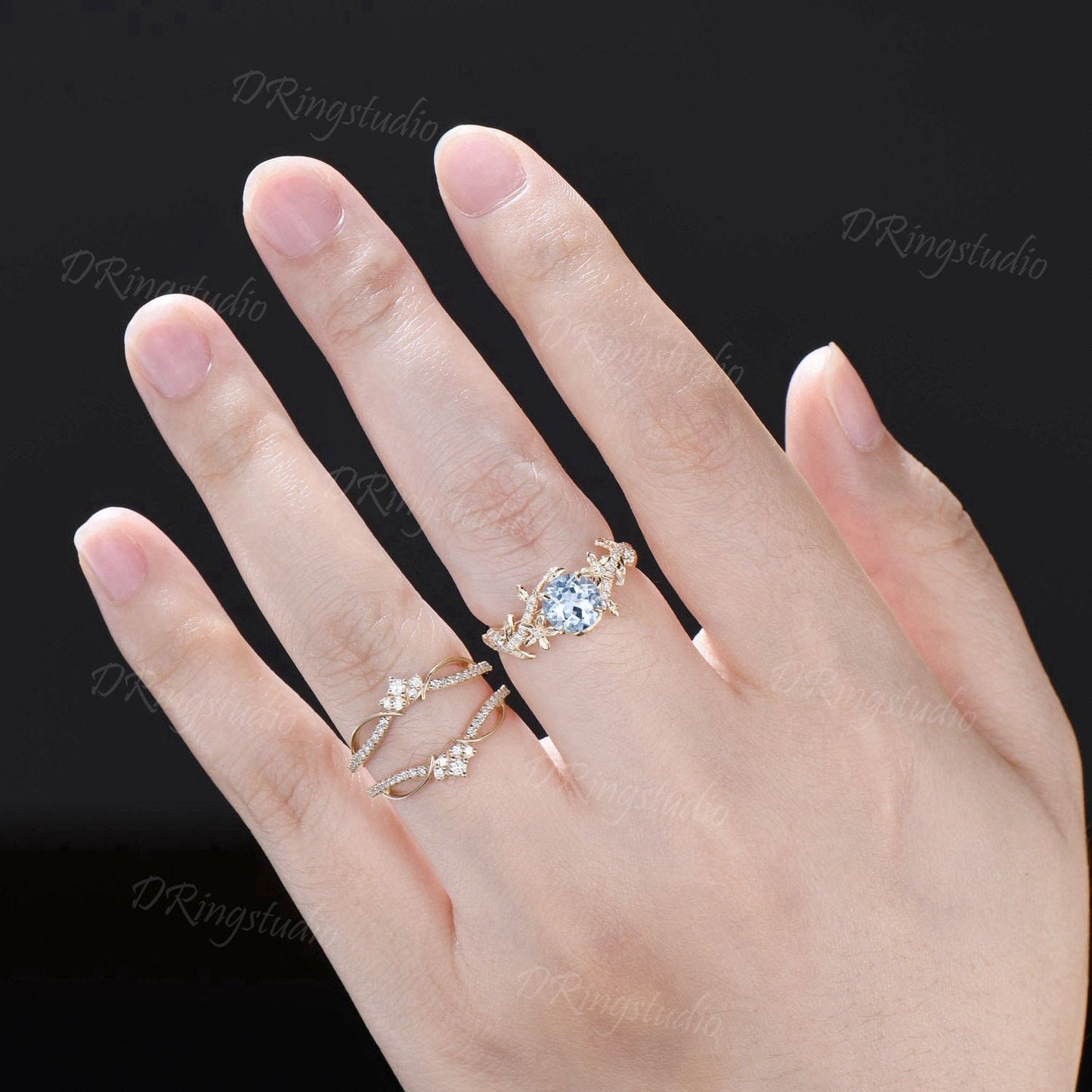 Unique Enhancer Guard Ring Set 1ct Natural Aquamarine Engagement Ring 14k Solid Gold Double Curved Diamond Matching Band Floral Wedding Ring