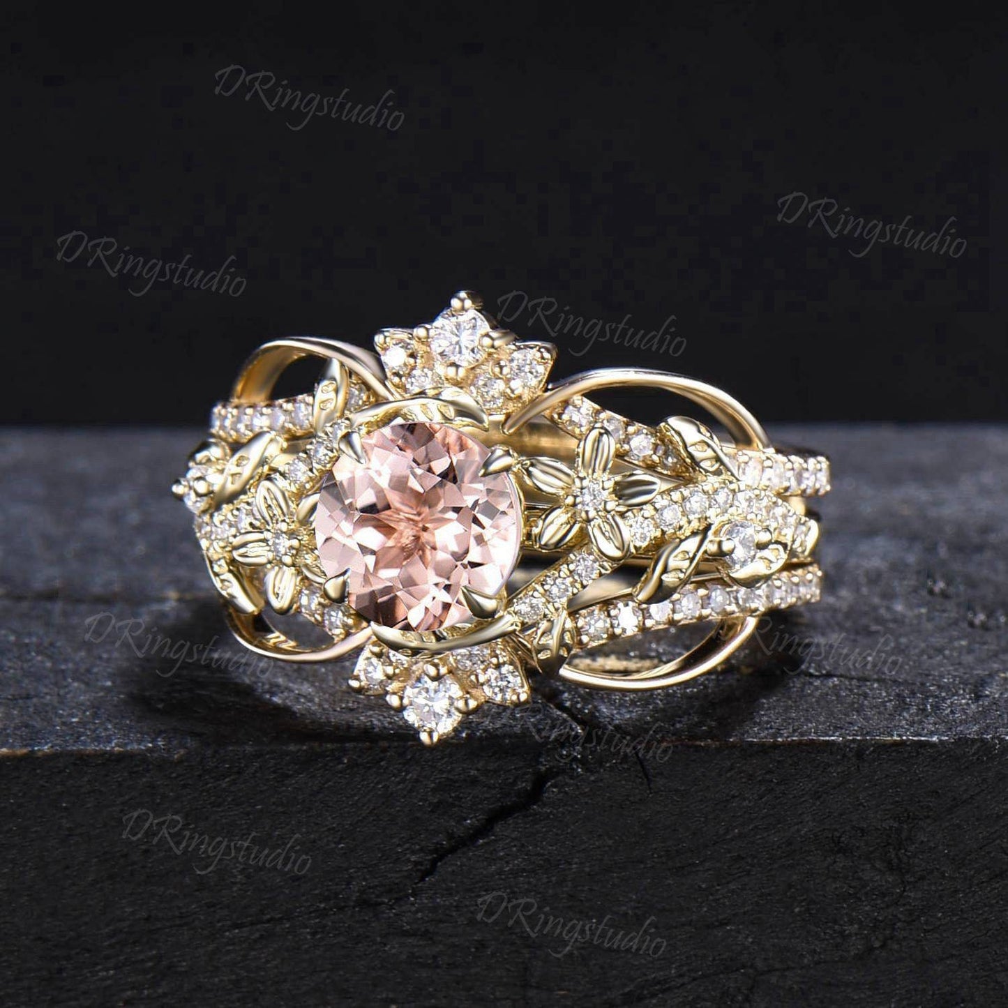 14k Gold 1CT Round Morganite Engagement Ring Double Curved Stacking Matching Ring Enhancer Guard Diamond Ring Twisted Bridal Ring For Women