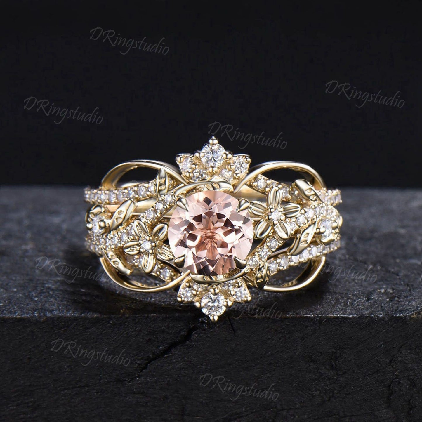 14k Gold 1CT Round Morganite Engagement Ring Double Curved Stacking Matching Ring Enhancer Guard Diamond Ring Twisted Bridal Ring For Women