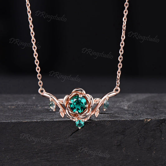 Nature Inspired Leaf Emerald Necklace Rose Gold Flower Wedding Necklace Branch Vine Pendant Floral Necklace May Birthstone Anniversary Gift