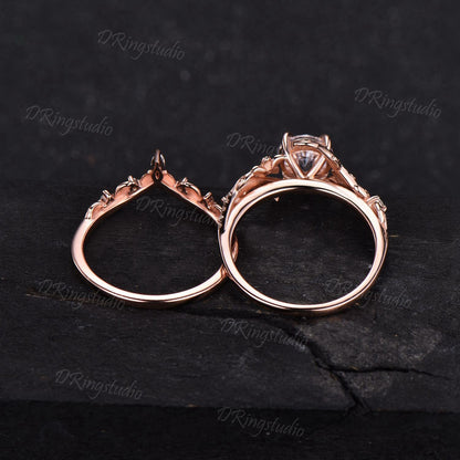 Leaf Diamond Ring 1 Carat Round Cut Lab Created Diamond Engagement Ring Celestial Moon Leaf Wedding Ring Set Rose Gold IGI Certificate Ring