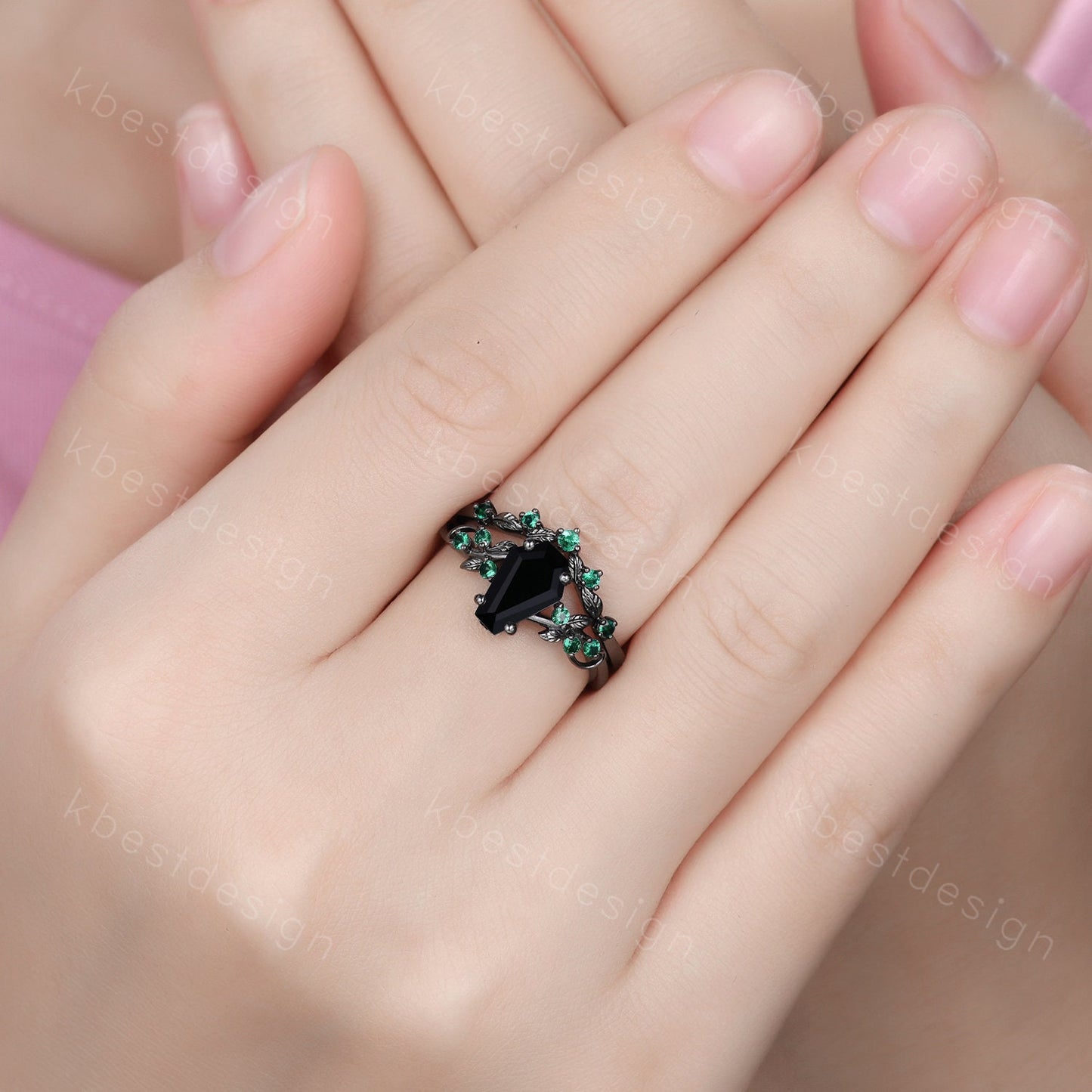 Gothic Black Gold Black Onyx Engagement Ring Art Deco Branch Design Leaf Emerald Wedding Ring Coffin cut Ring Unique Bridal Ring Set