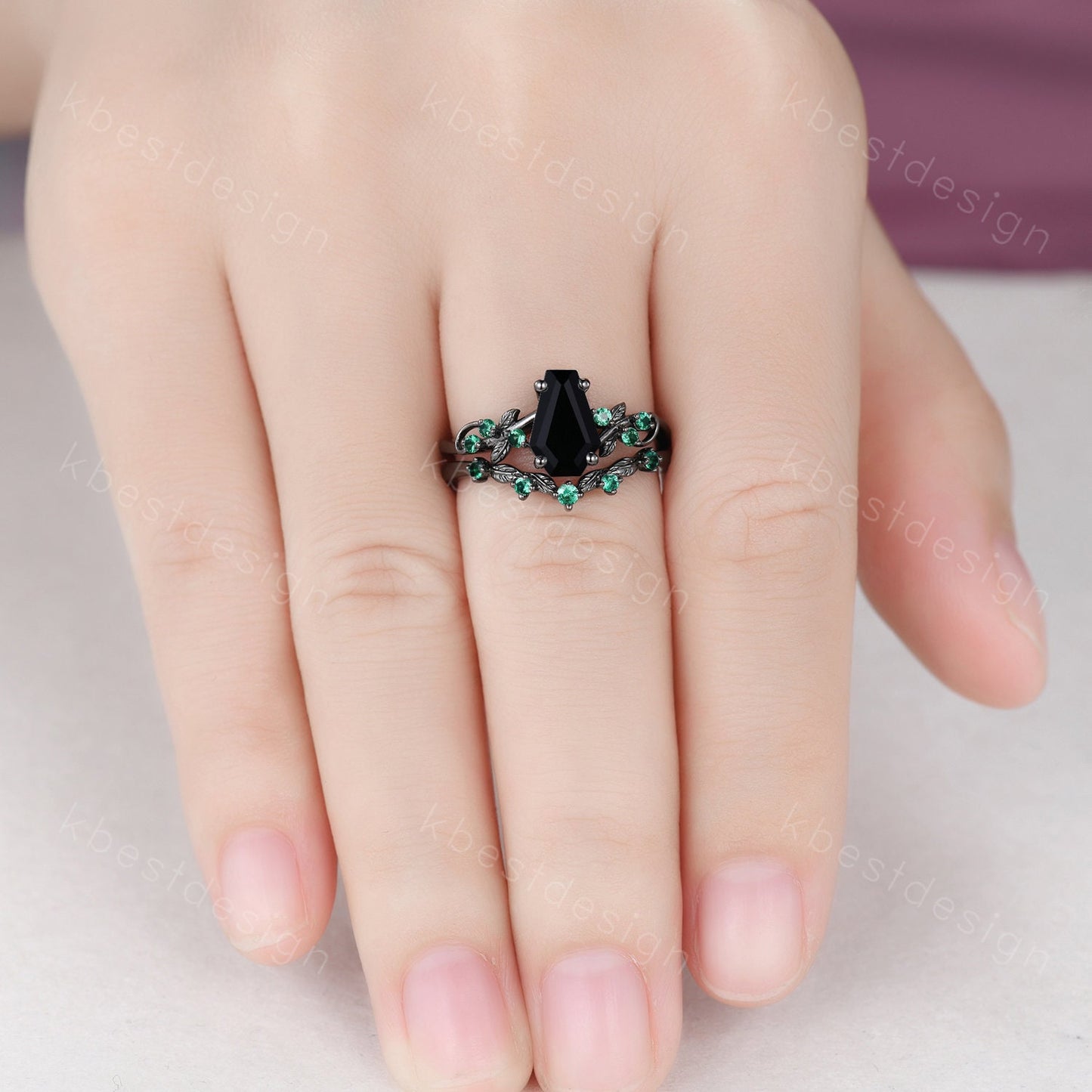 Gothic Black Gold Black Onyx Engagement Ring Art Deco Branch Design Leaf Emerald Wedding Ring Coffin cut Ring Unique Bridal Ring Set